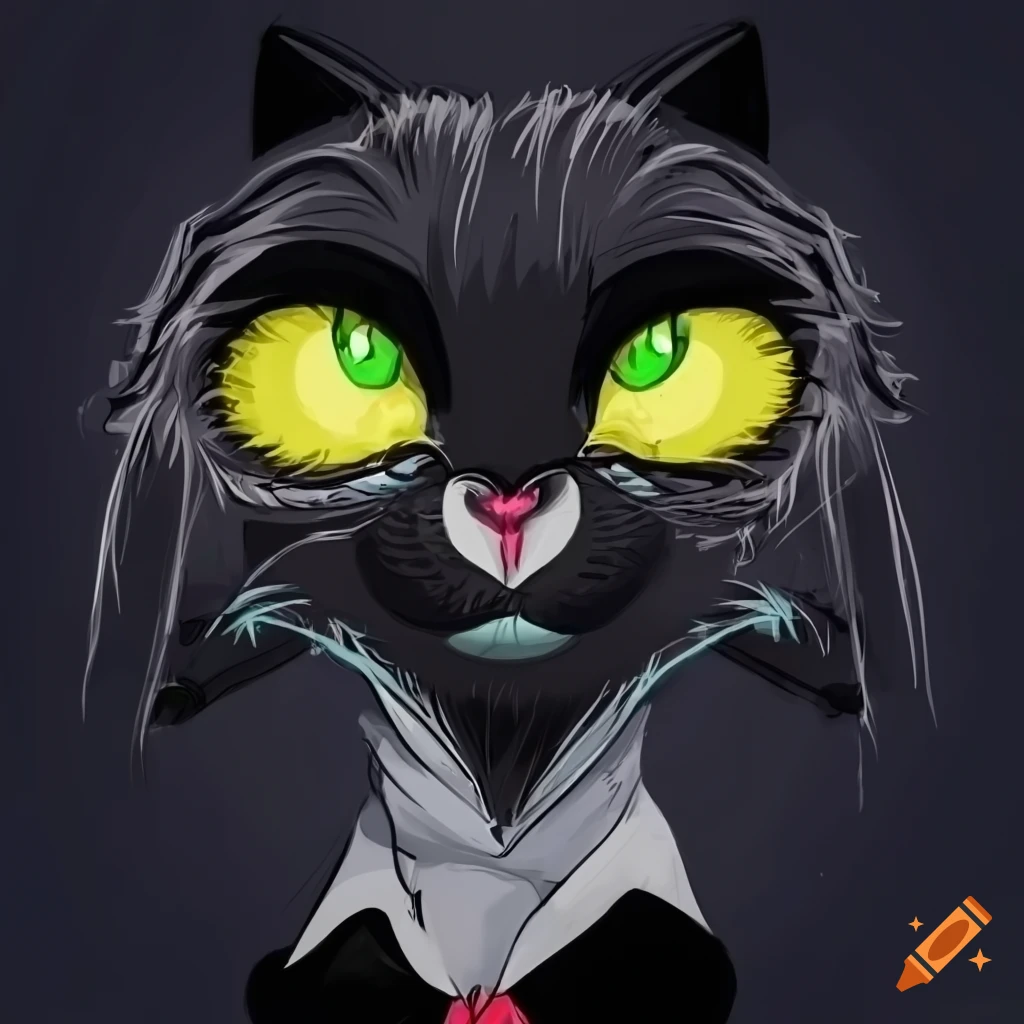anthropomorphic black cat with green eyes