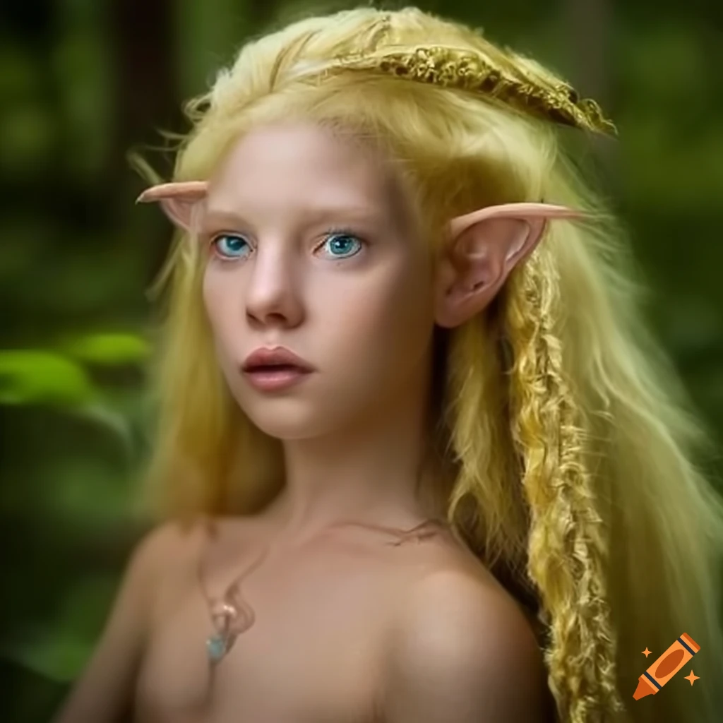 Portrait of a forest elf with blond hair and gold eyes on Craiyon