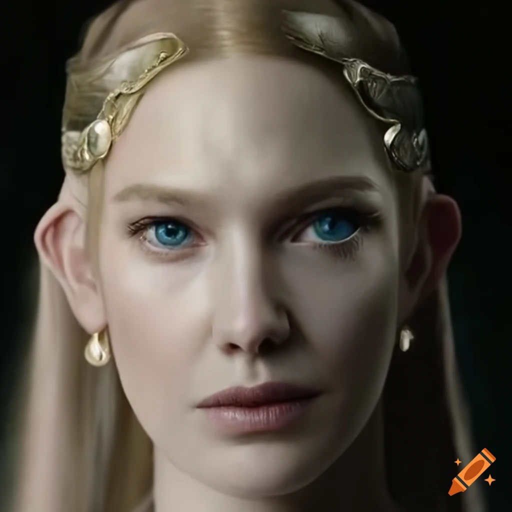 photorealistic portrait of Galadriel with the magic ring