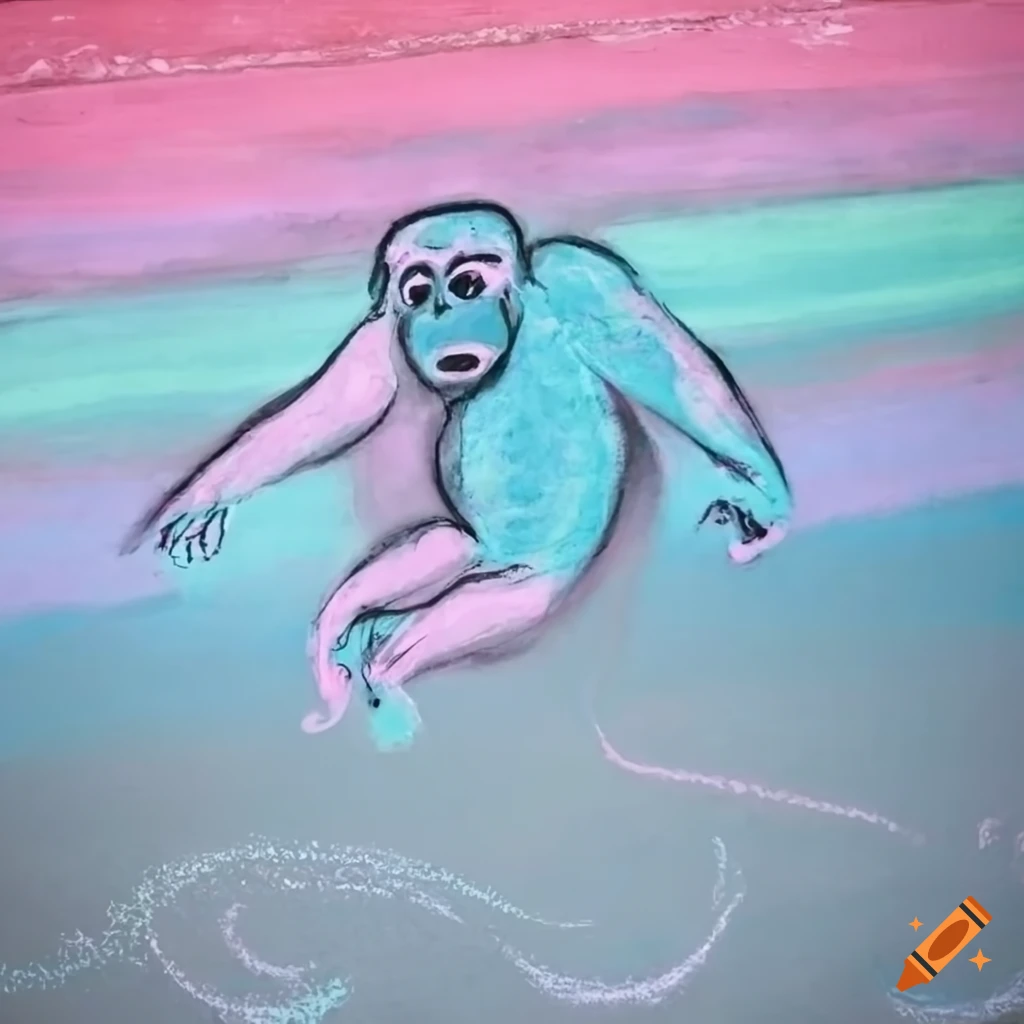 chalk art of jumping chimps in blue, pink, and white