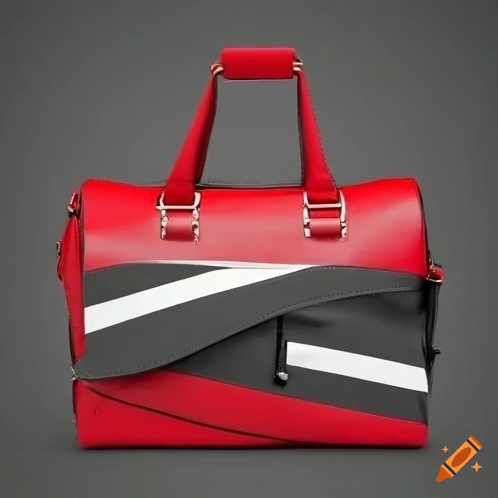 sleek black, white, and red leather duffle bag