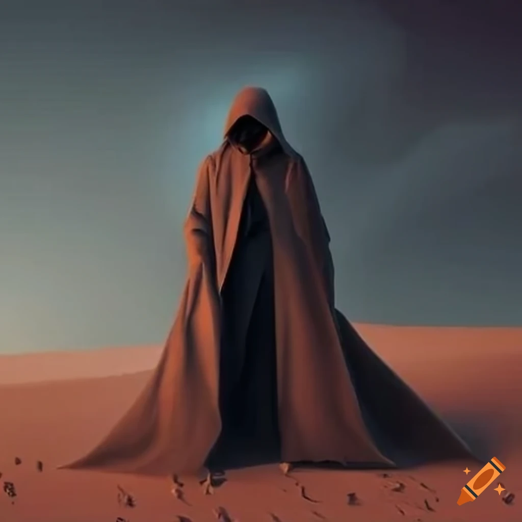 mysterious hooded man in a desert with ancient buildings