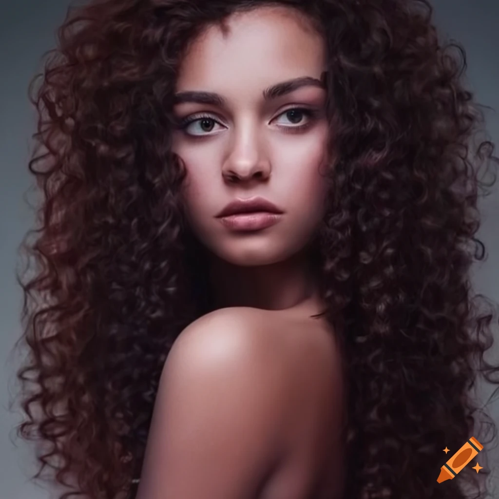Hyperrealistic portrait of a woman with long dark curly hair in pink ...