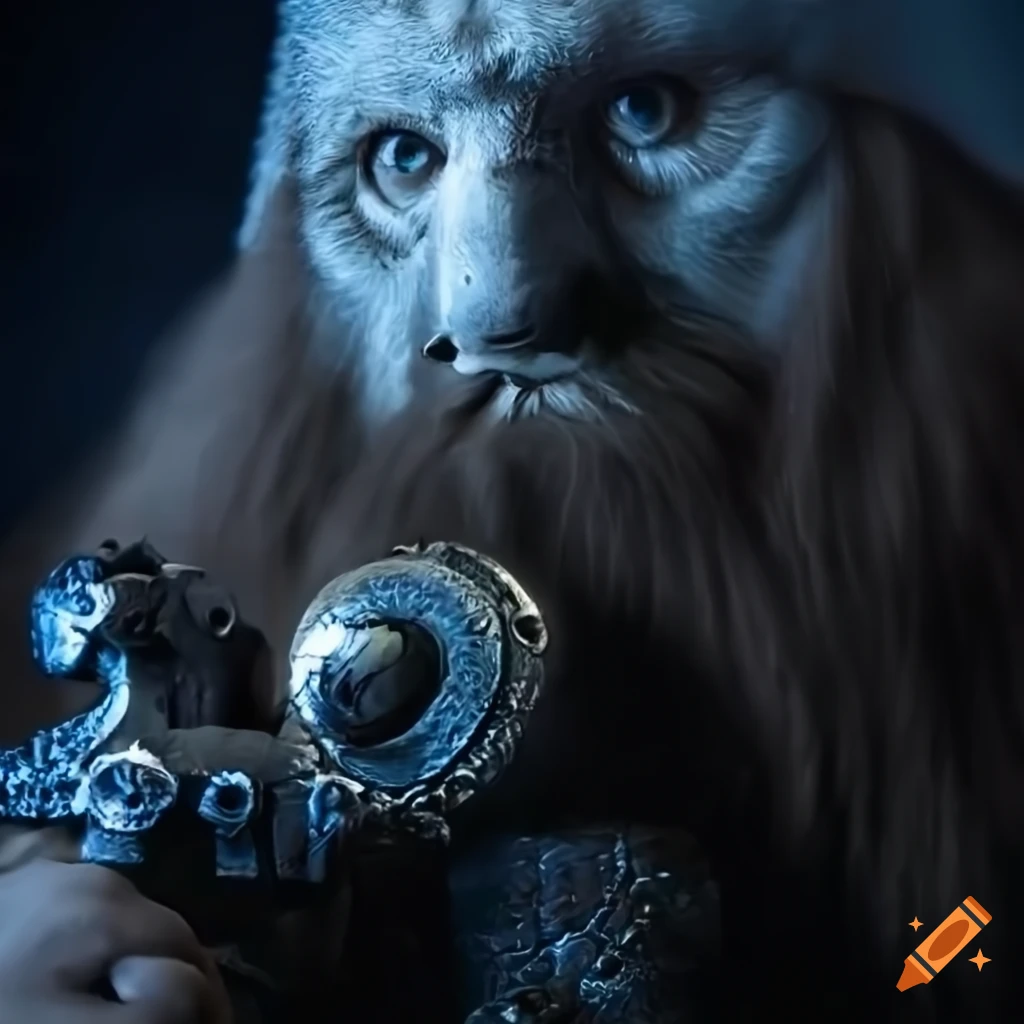 close-up of a dwarven warrior and polar bear at night