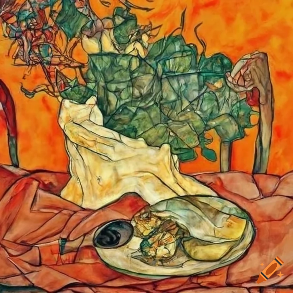 feast depicted in the style of Egon Schiele