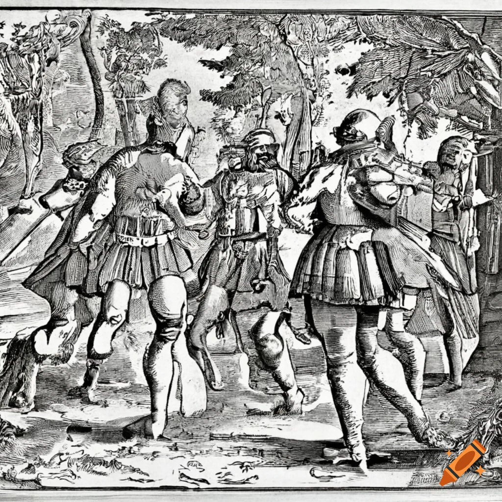 historic image of Swiss mercenaries drinking in a forest