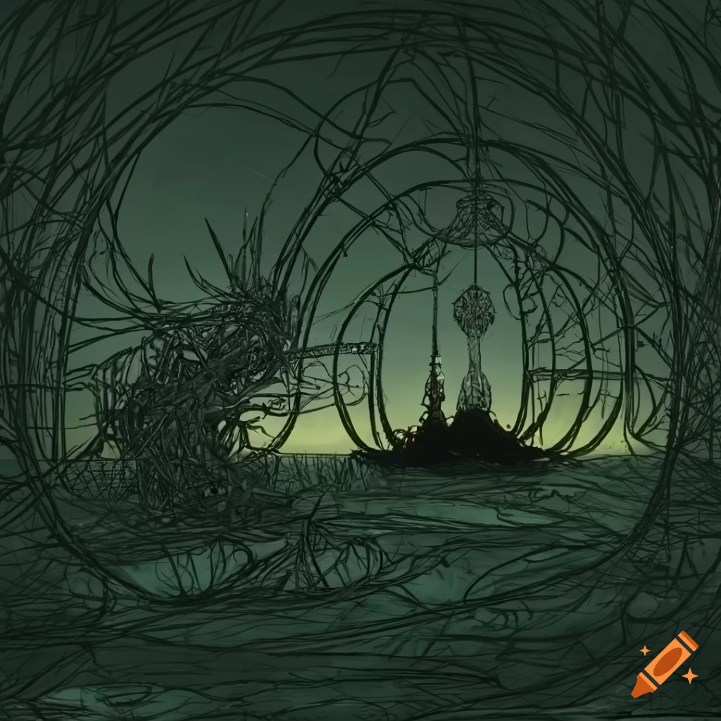 surreal wireframe art inspired by Yves Tanguy and Arthur Rackham