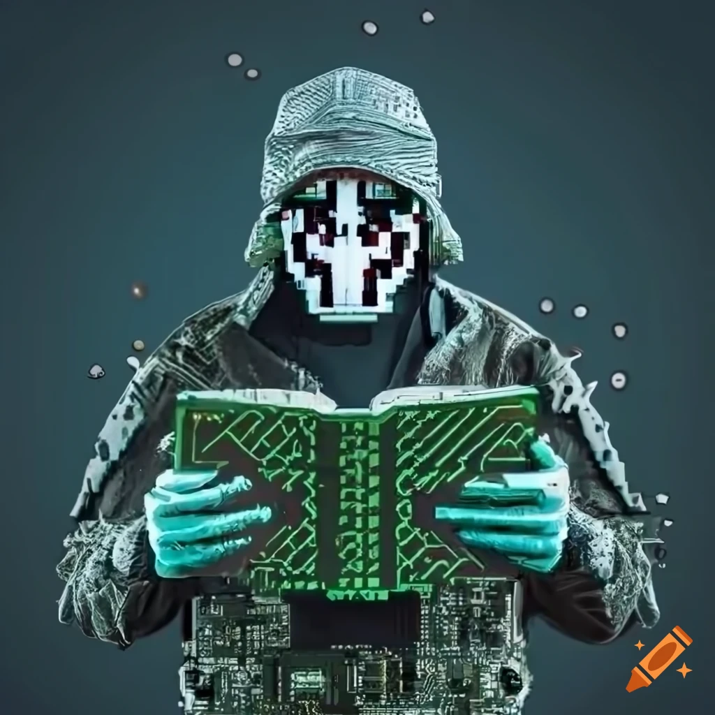 futuristic military hacker with circuit board bible