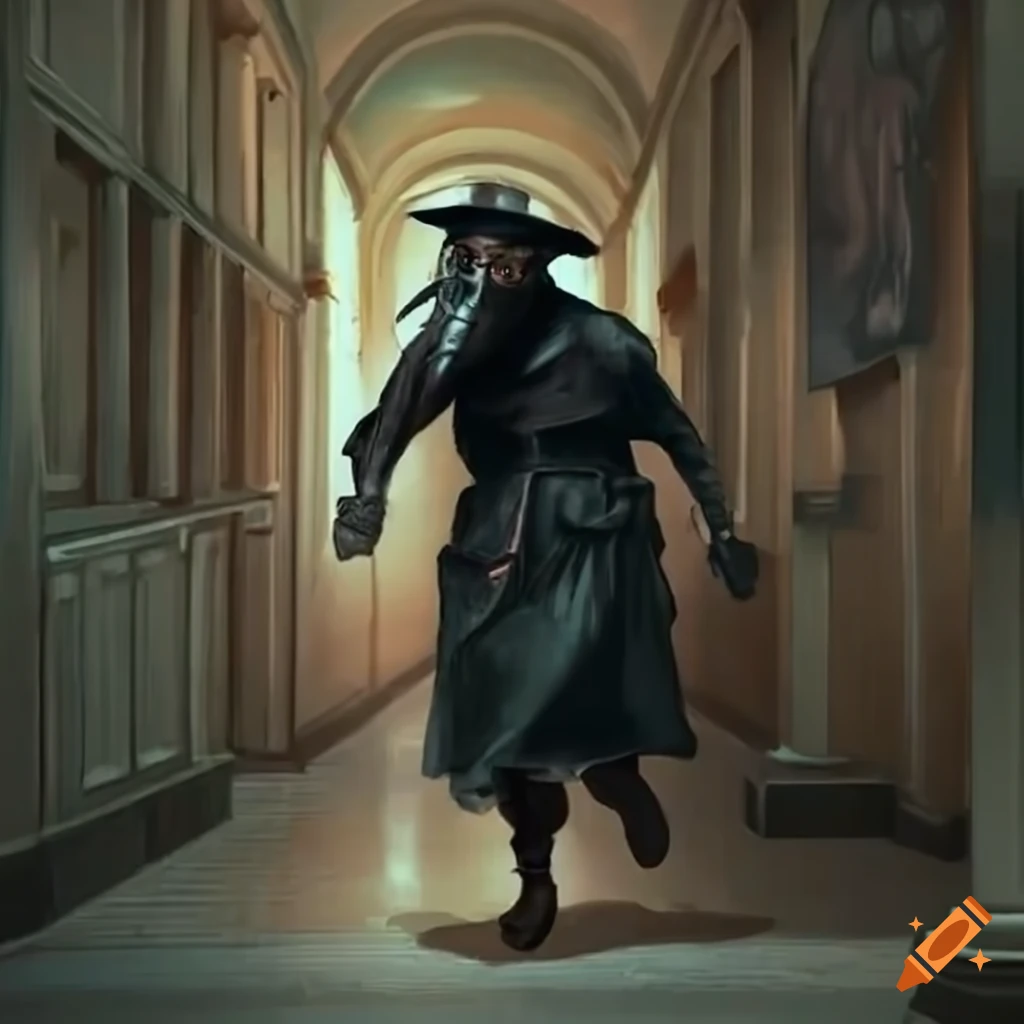 plague doctor running in a dark hallway
