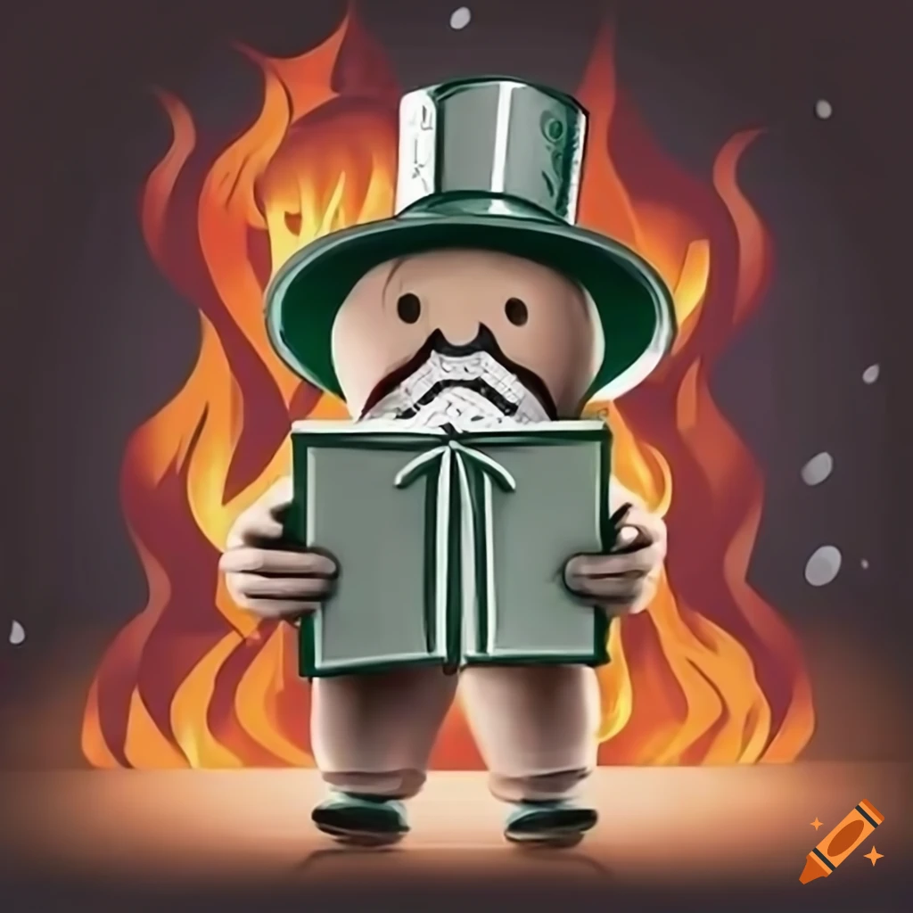 Monopoly guy holding a book and a bank with cash raining