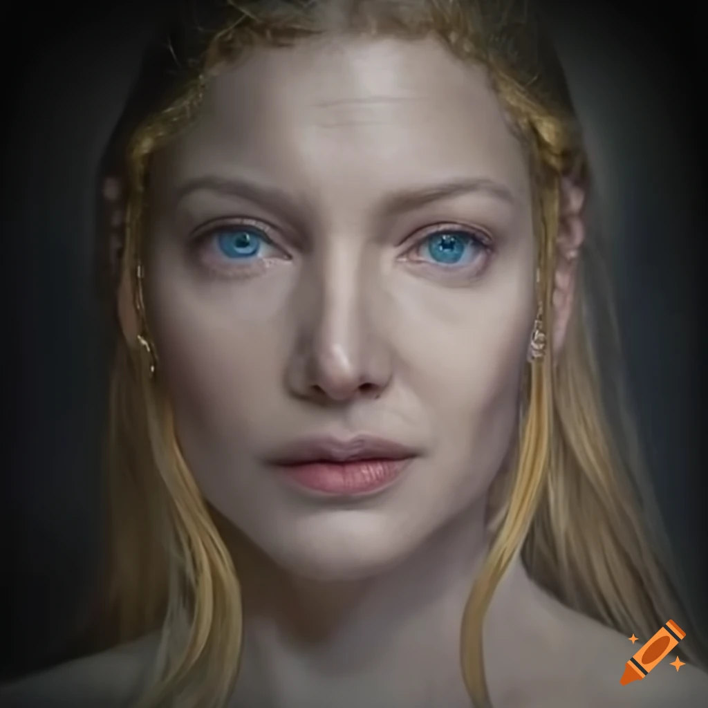 photorealistic portrait of Galadriel with the magic ring