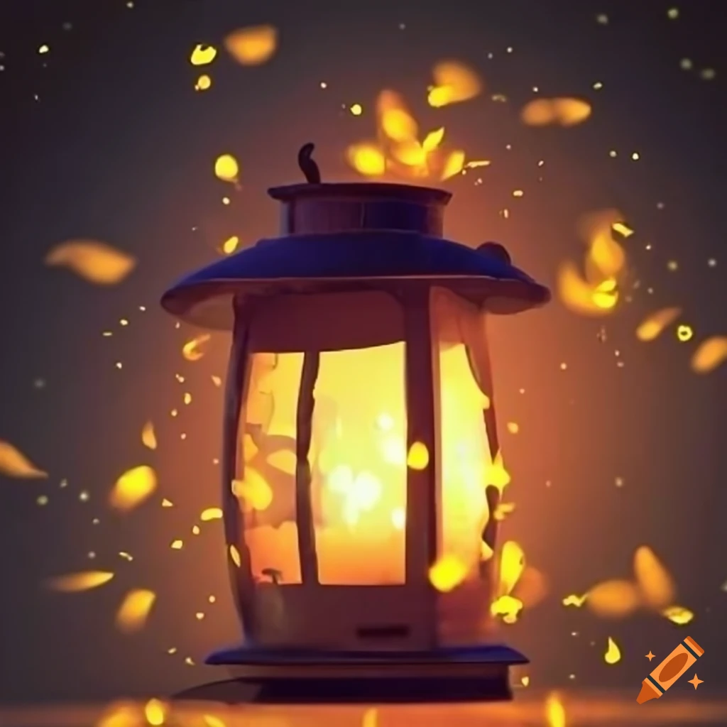 lantern glowing in the darkness with fireflies