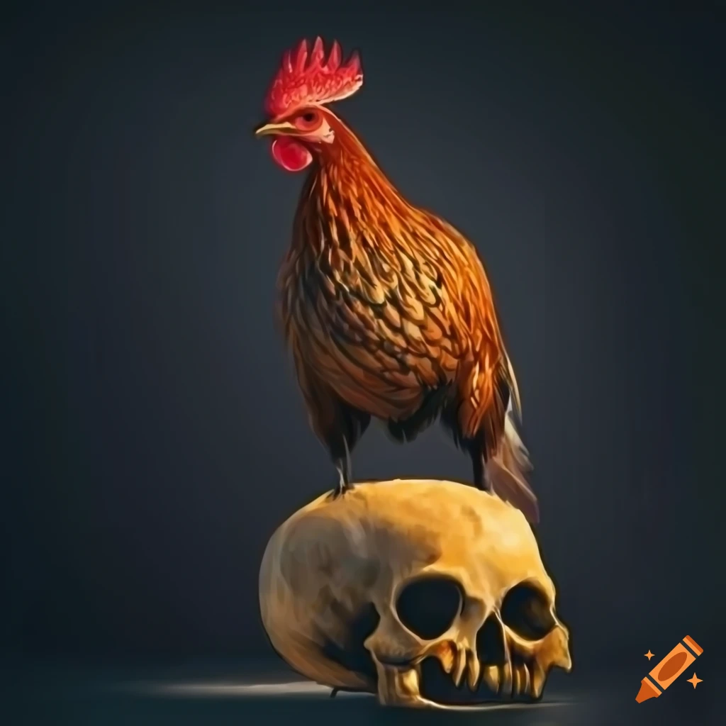 crayon art of a chicken on a skull