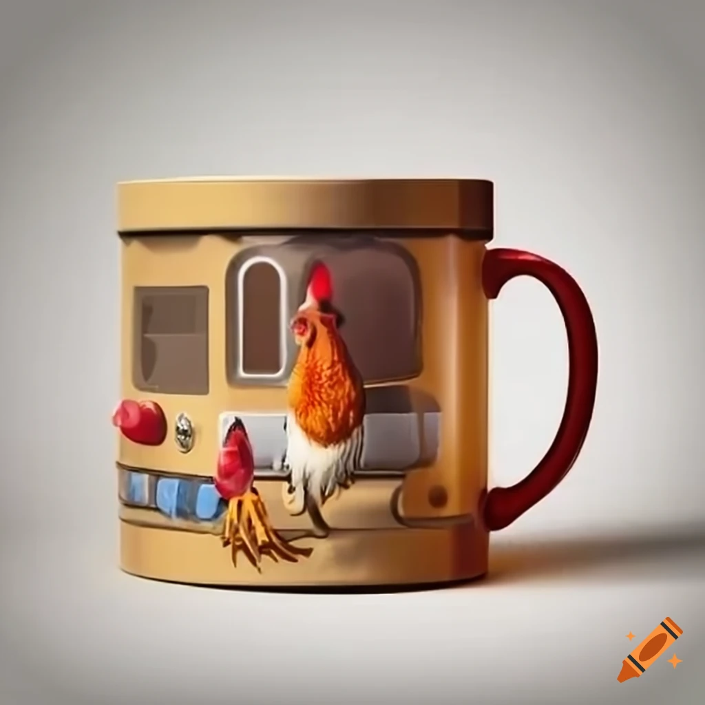 mug with a chicken on a train