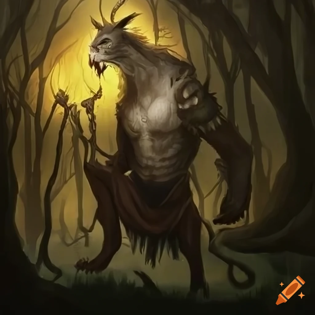 fantasy art of a half-beast healer in a dark forest