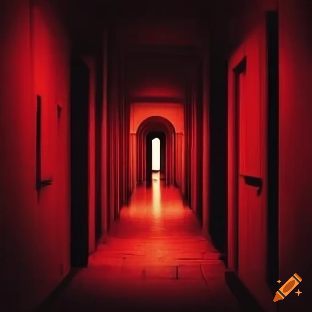 eerie hallway with red illuminated room