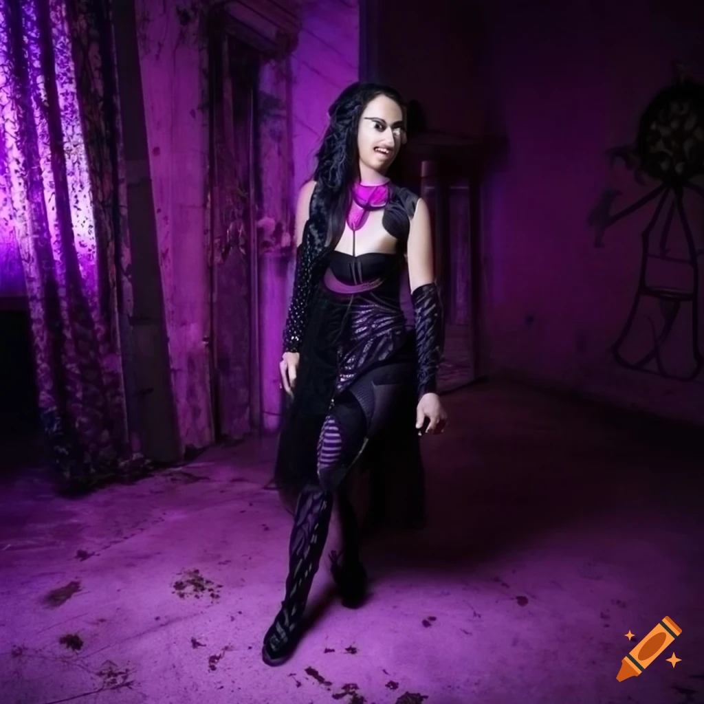 gothic fashion model with darkpink long-braided hairstyle