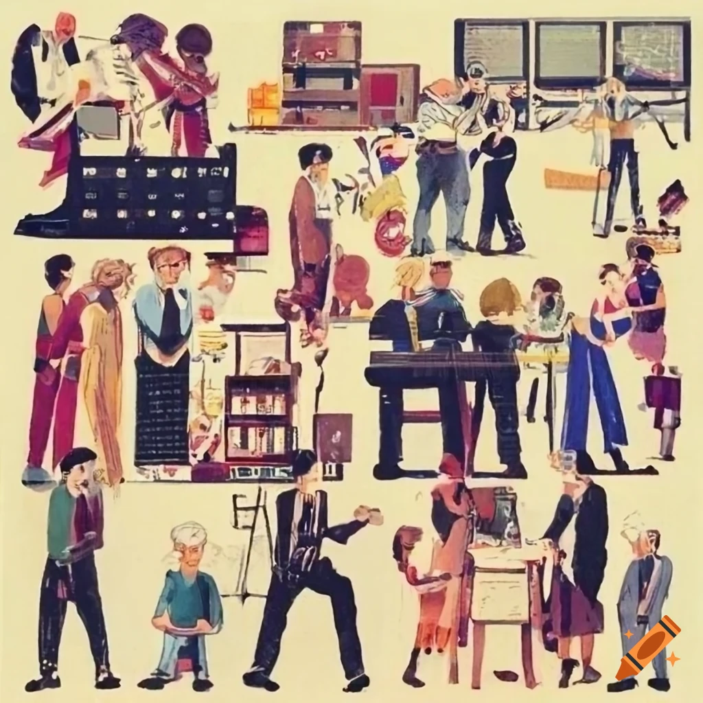 1980s vintage graphics of people working