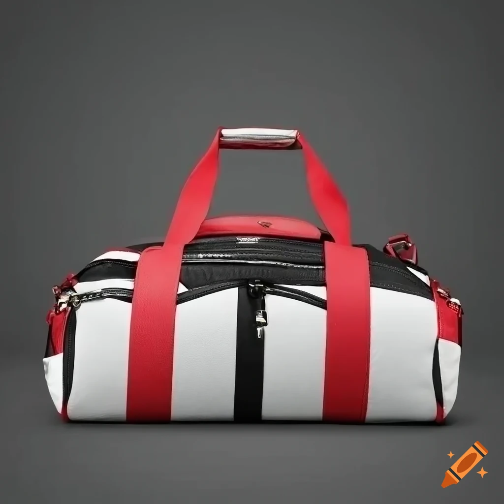 modern black, white, and red leather duffle bag