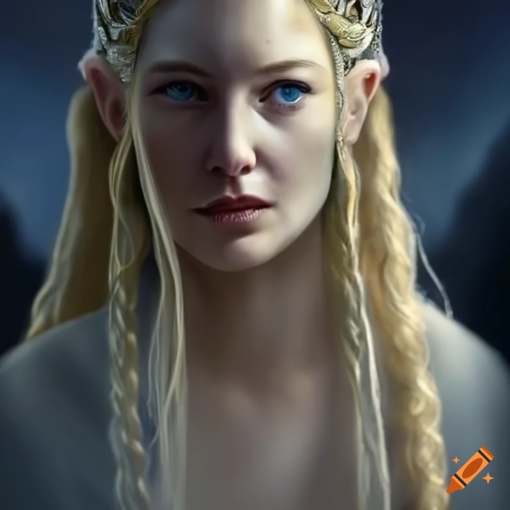 photorealistic portrait of Galadriel with magic ring