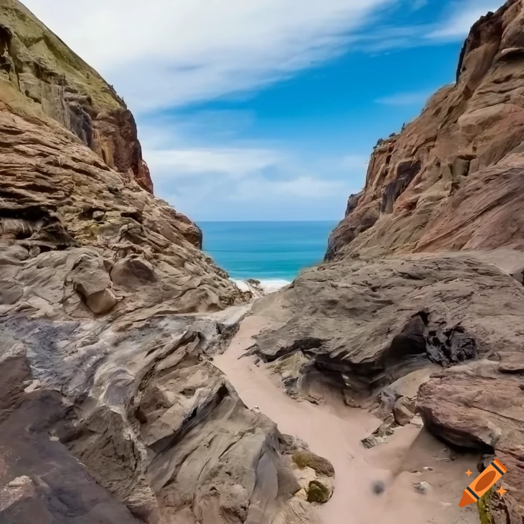view of a narrow rocky path leading to the ocean