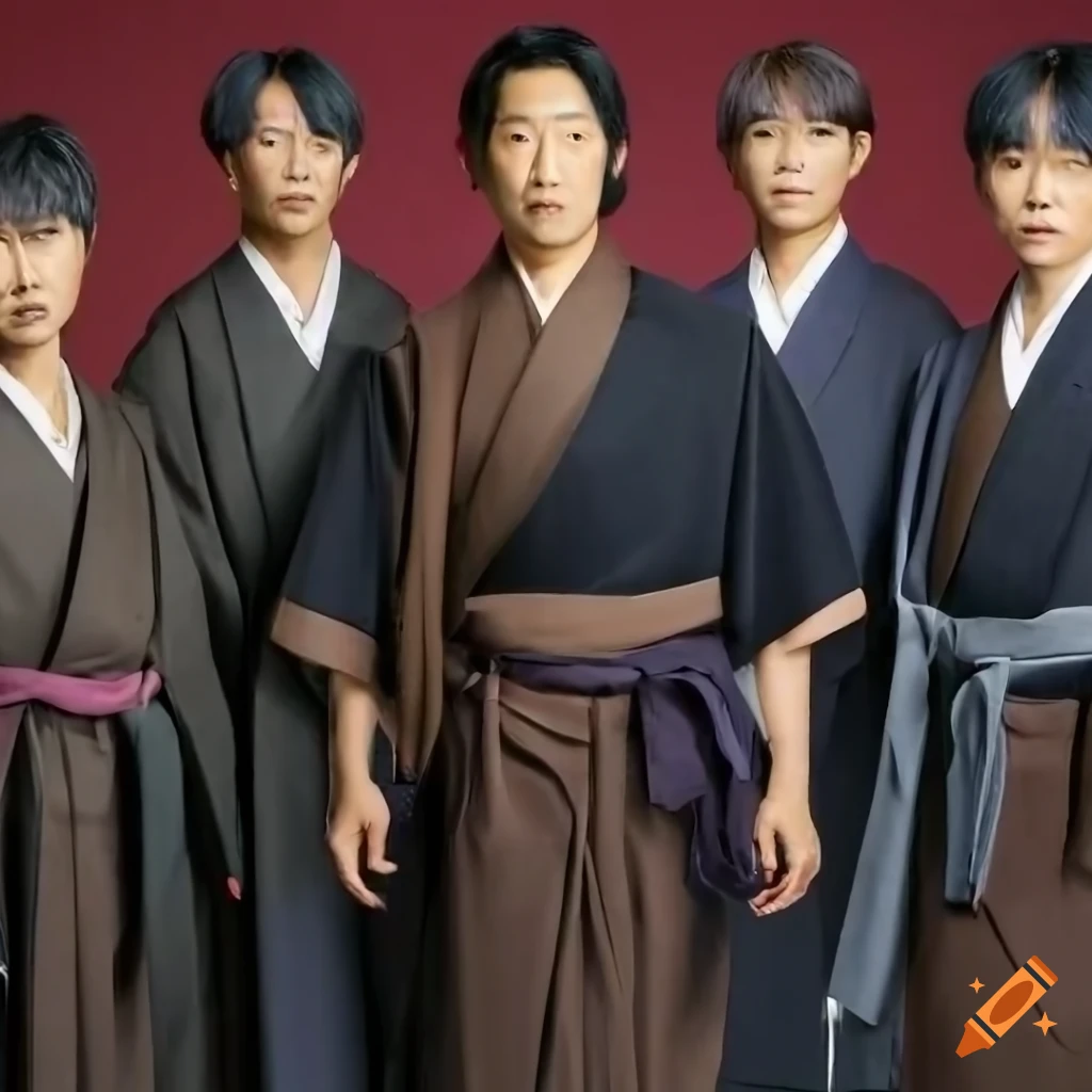 front-facing image of Japanese male choir members in traditional attire
