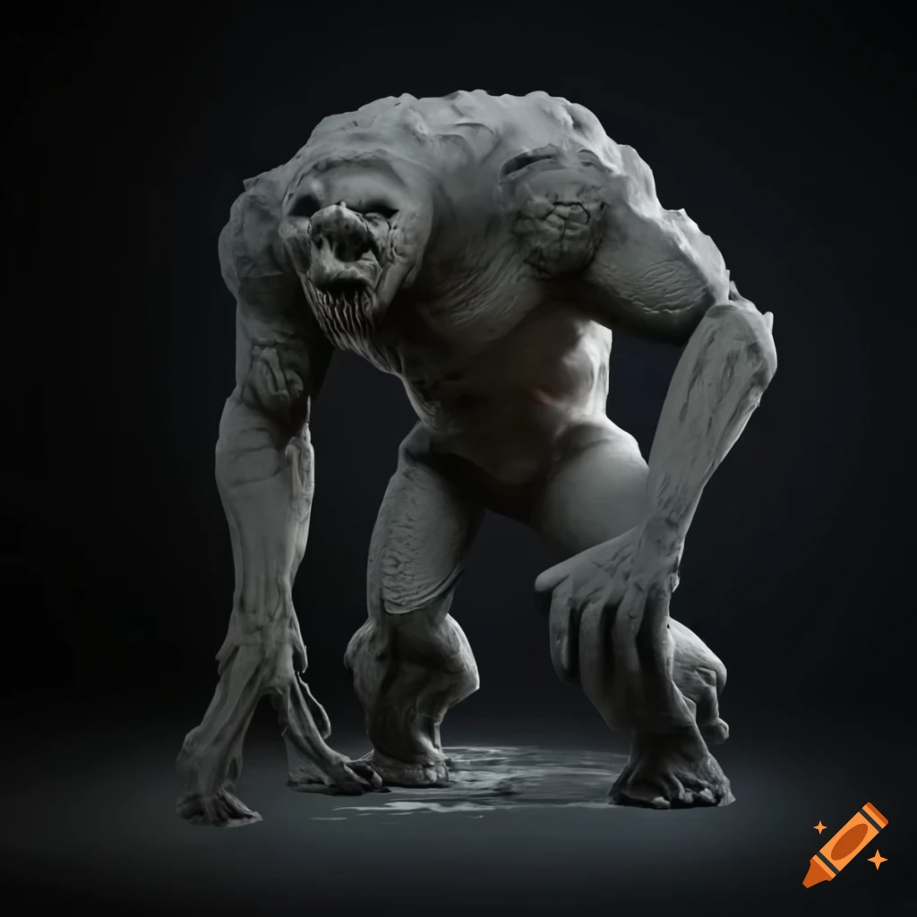 sculpture of a troglodytic humanoid made of basalt