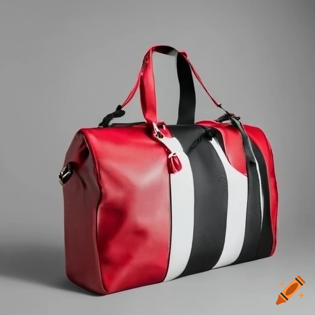 sleek and modern leather duffle bag in black, white, and red design