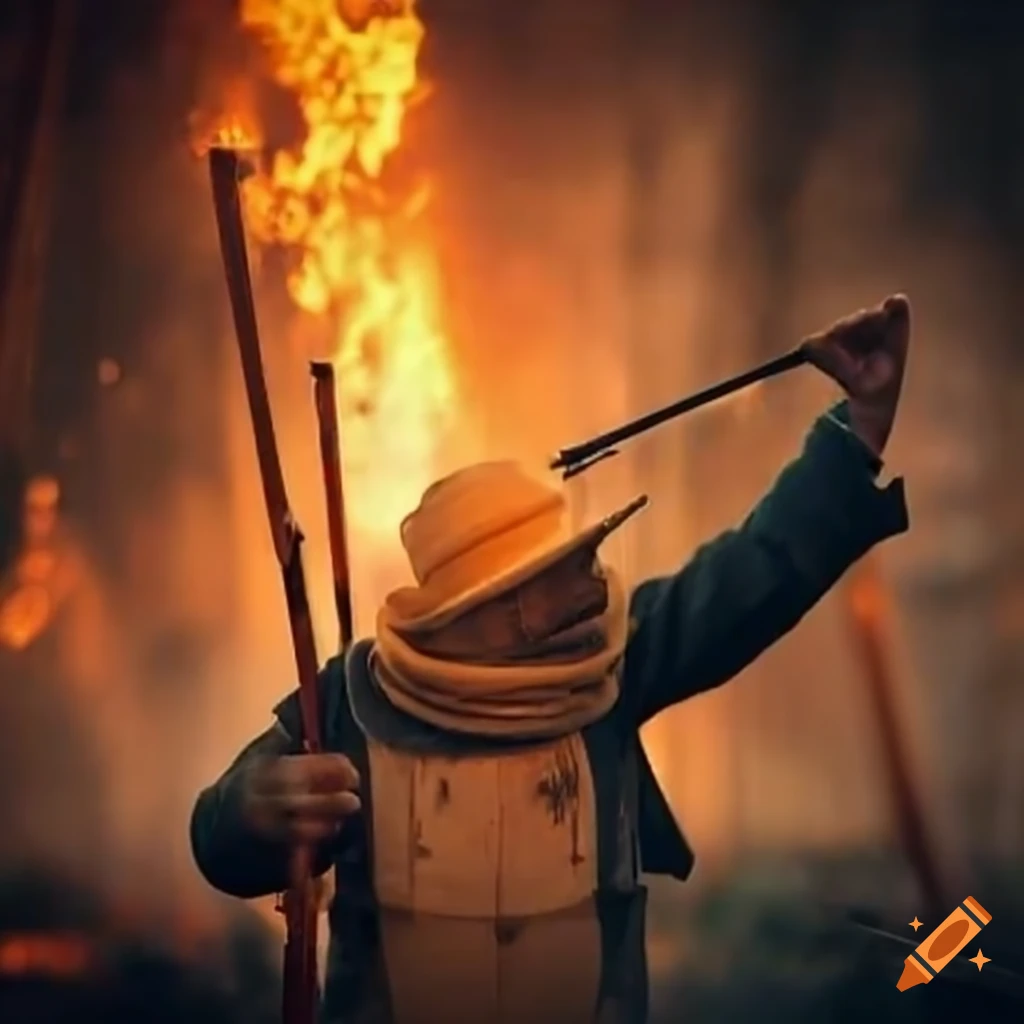 image of beekeepers sword fighting outside