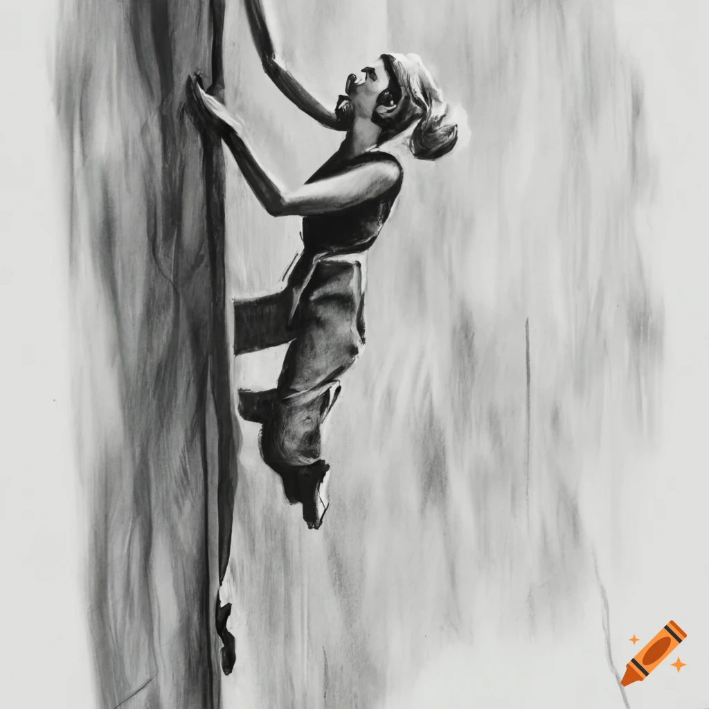 charcoal drawing of a woman climbing a steep rock wall