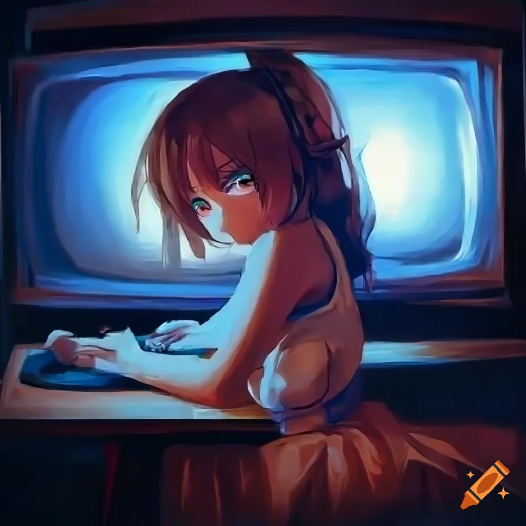 anime gamer girl playing computer games in a dark room