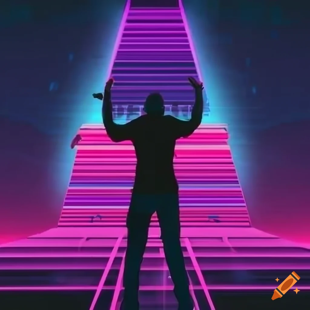 synthwave digital art with a person raising hands