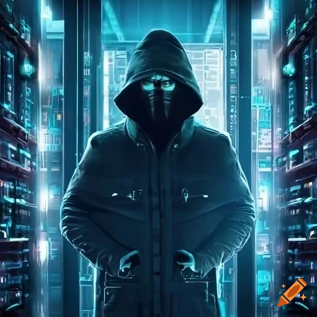 cyberpunk hacker in a server room