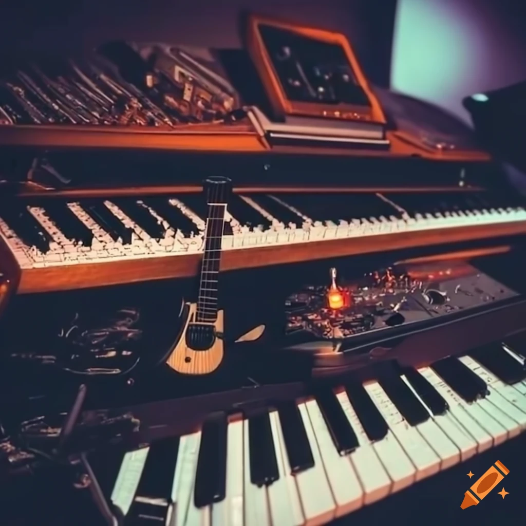 metal guitar and keyboard in a recording studio