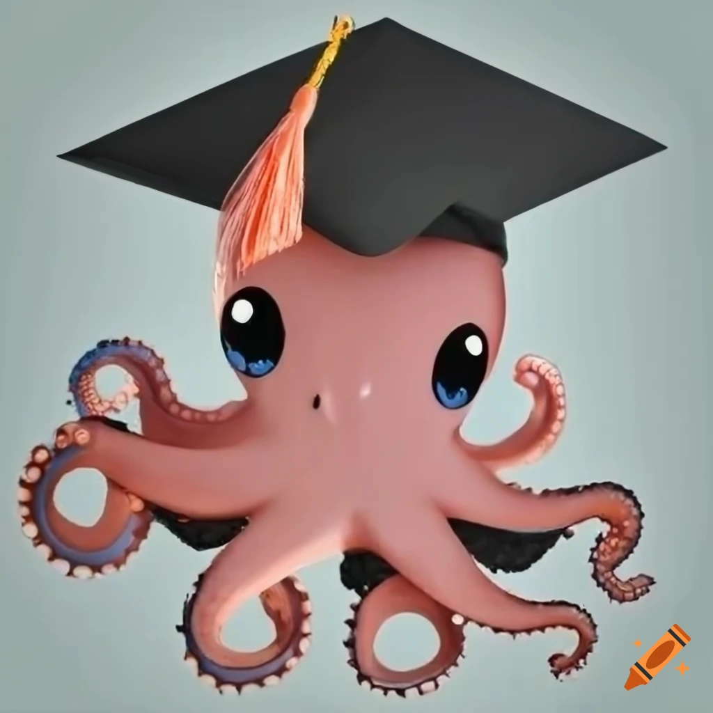 Red, black, and white baby octopus with graduation hat on Craiyon