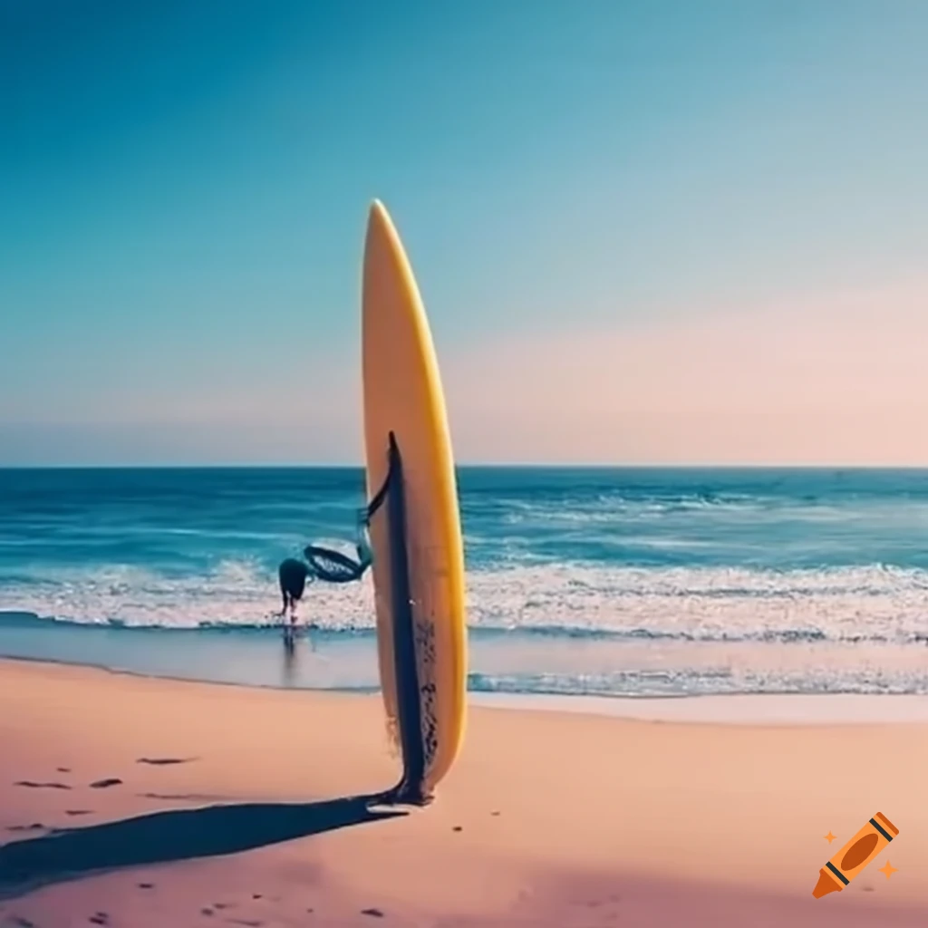 Una tabla de surf bonita y diferente de pie en la arena de la playa on  Craiyon