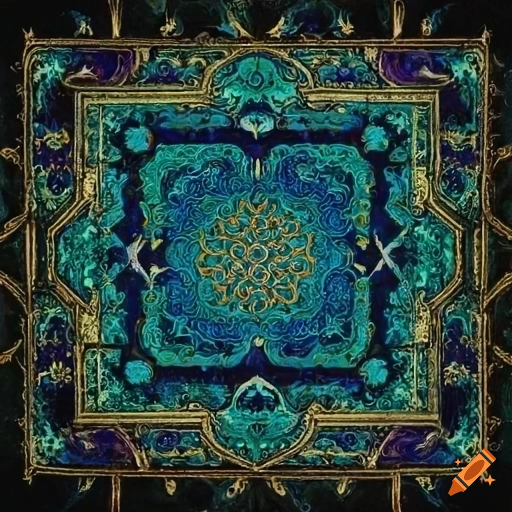Persian square art in dark blue-green and aubergine hues