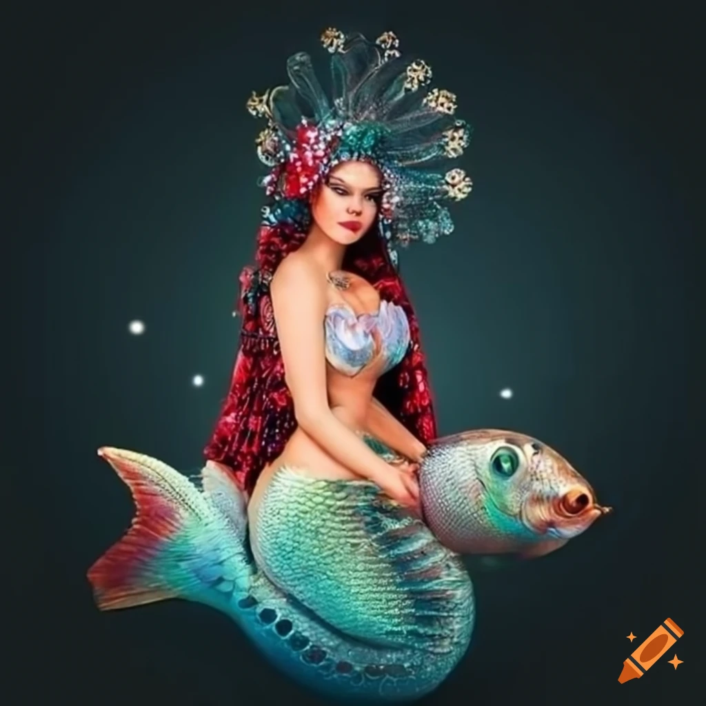 mermaid in a Romanian traditional costume holding fish