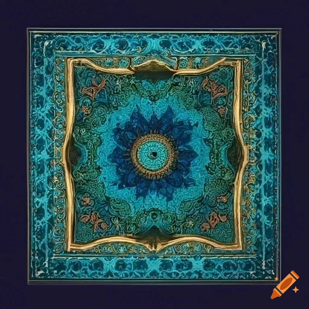 Persian square art in dark blue-green hues with gold details