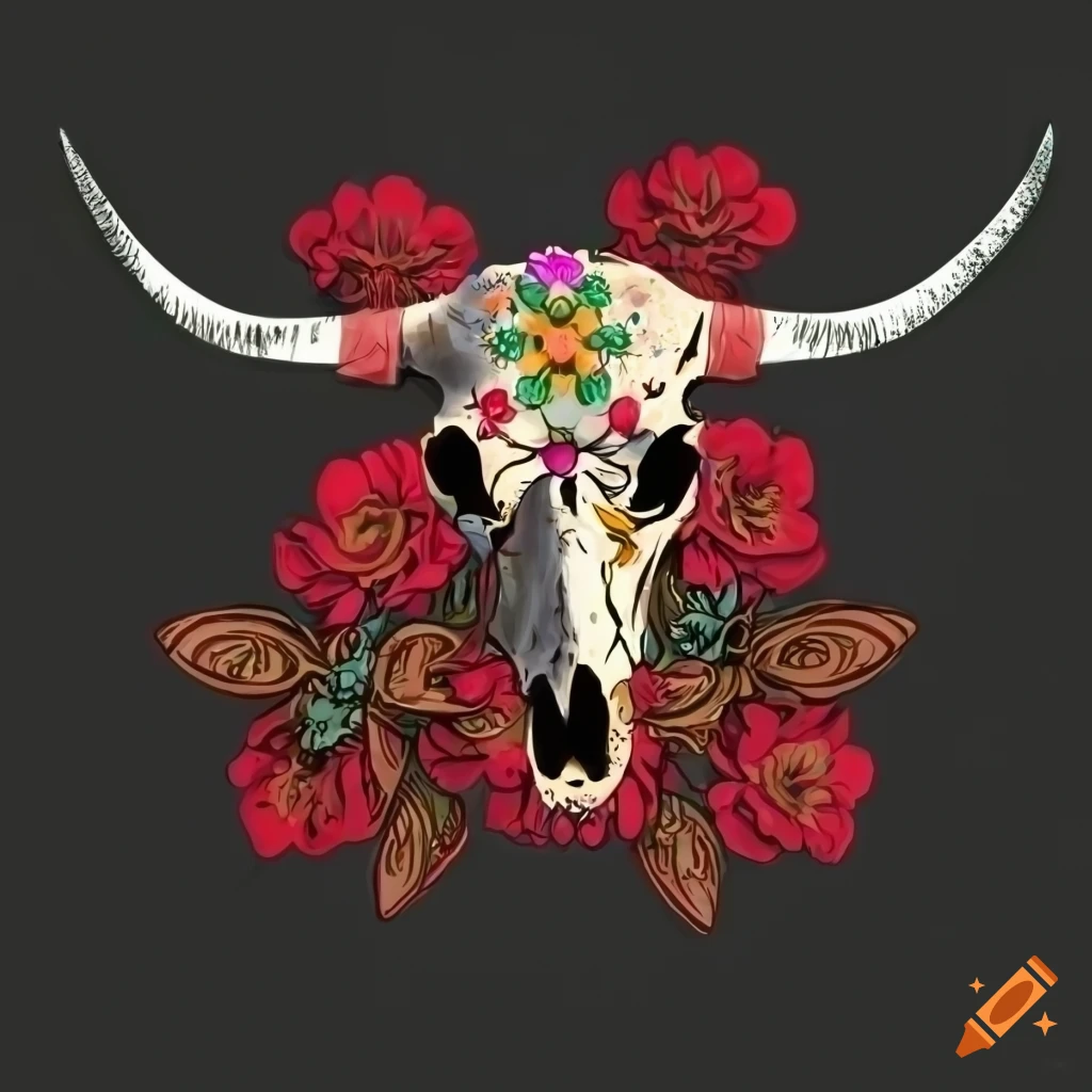 dia de los muertos longhorn skull with red flowers