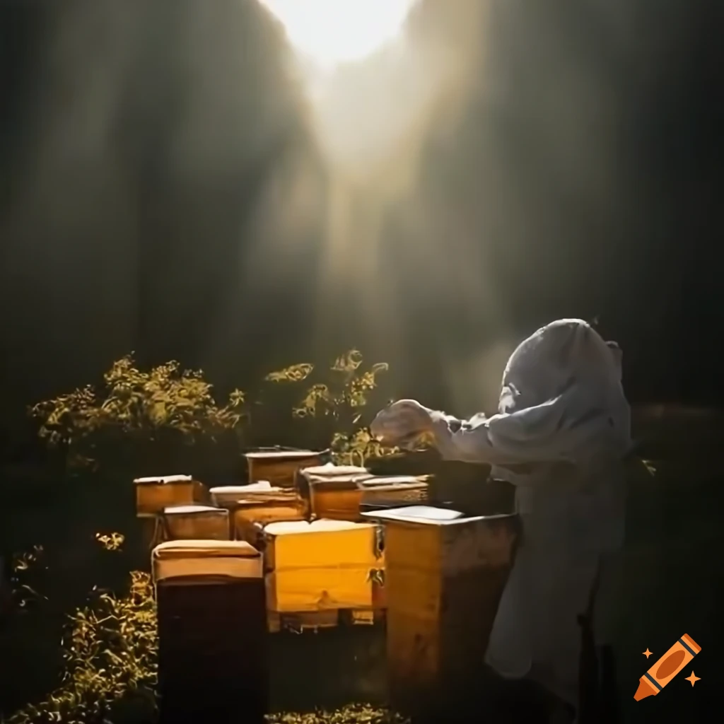romantic scene of beekeepers near bee hives