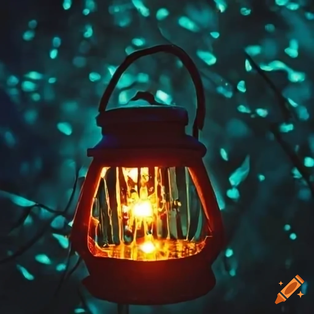 lantern glowing in the dark with fireflies