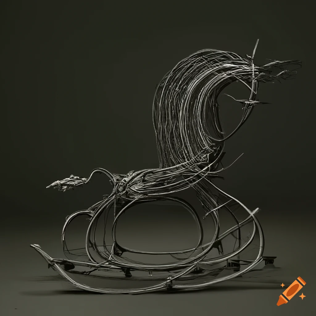surrealist wireframe sculpture of a rocking horse