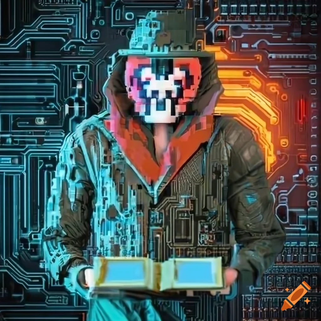 futuristic hacker with Rorschach mask holding circuit board bible
