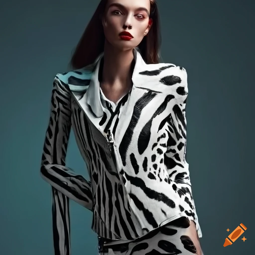 elegant white leather jacket with zebra and leopard patterns