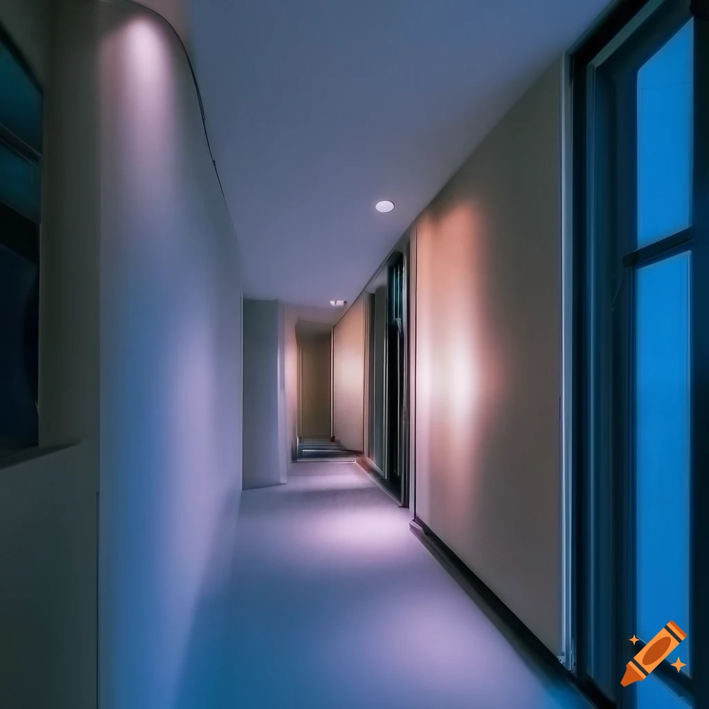 modernist condominium apartment with large windows during sunset