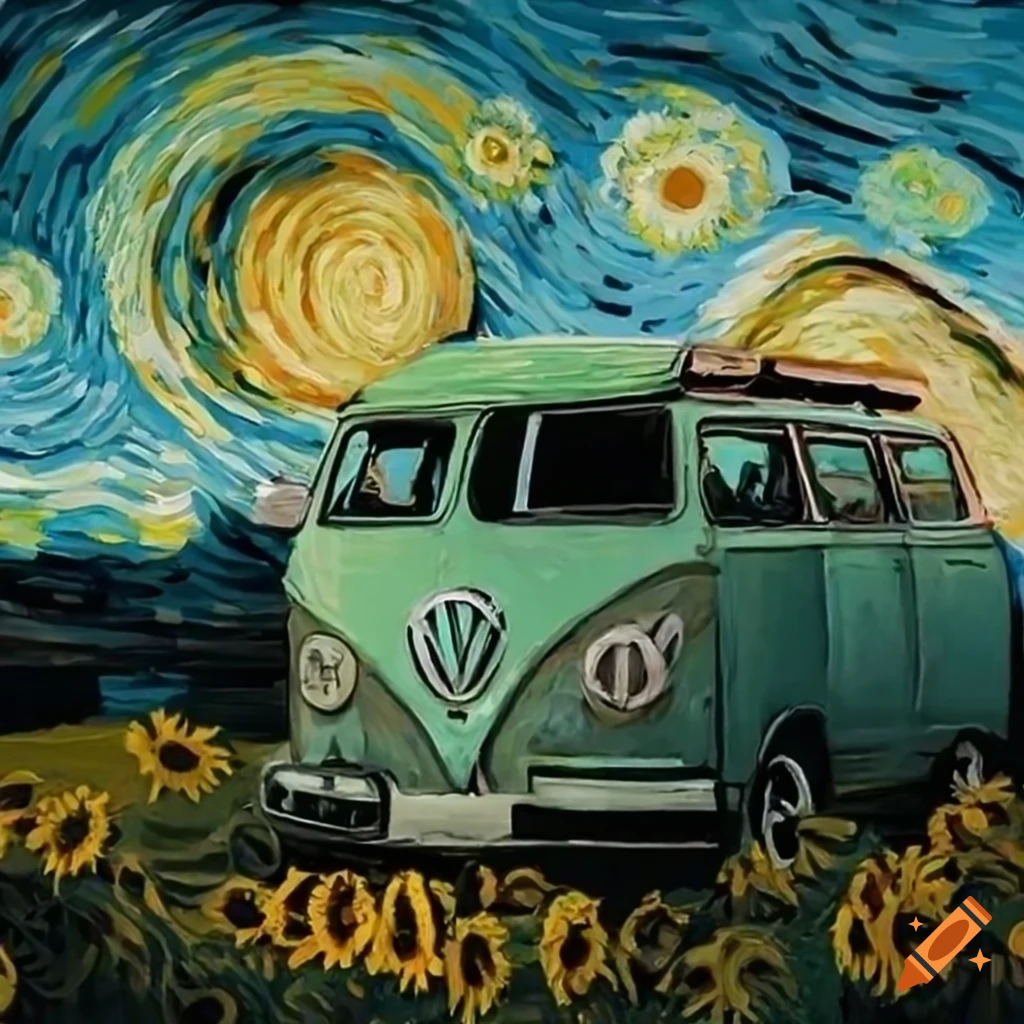 VW camper van painted with Van Gogh's Starry Night and sunflowers