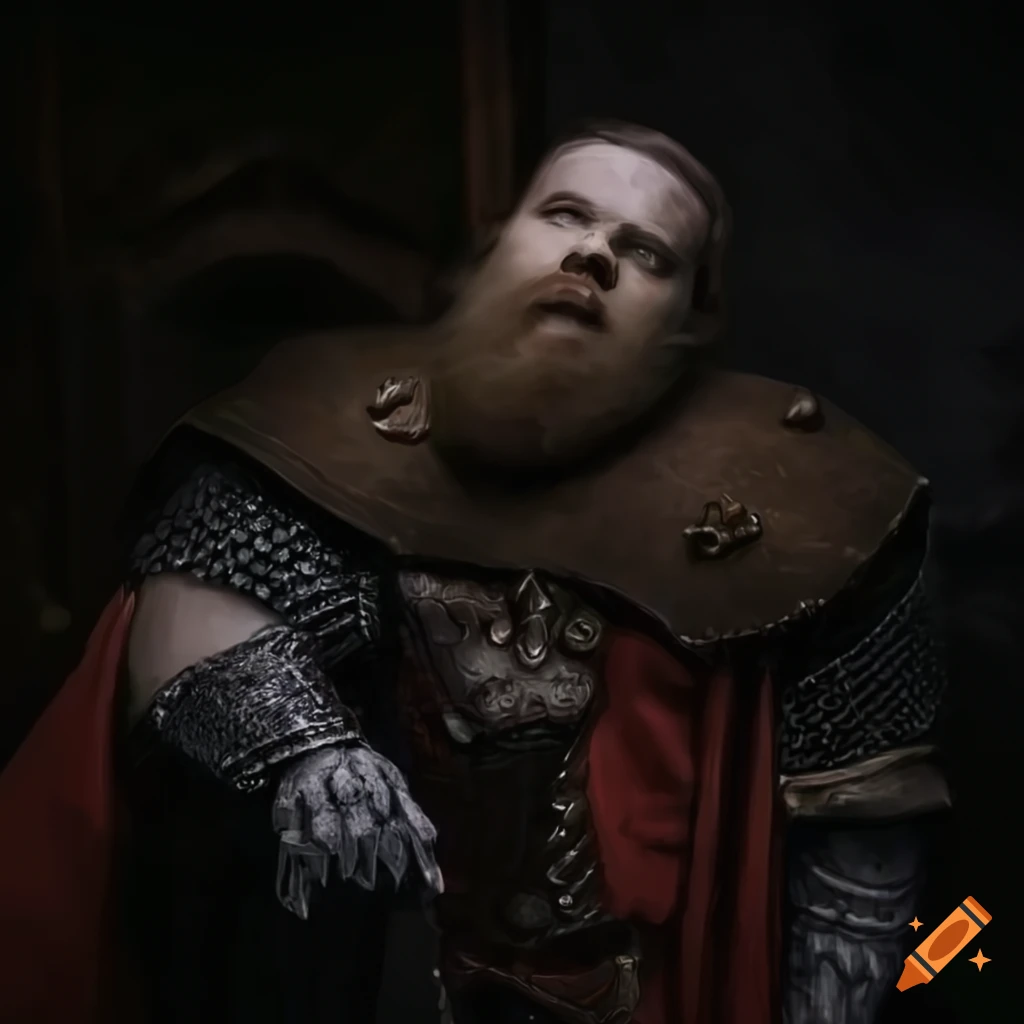 close-up photo of a dwarven warrior with a polar bear at night