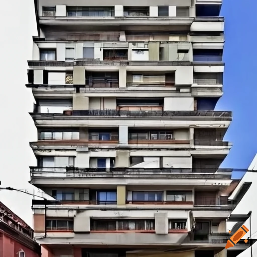 image of a modern 6-story building in a warm area with commercial spaces and parking lots