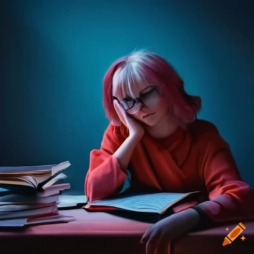 a woman studying in a dimly lit room